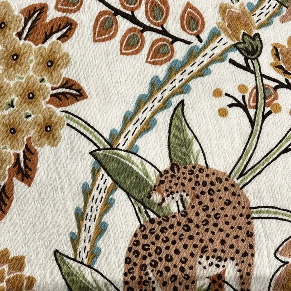 VESELKA HOME SHOWER CURTAIN 100% COTTON Cheetah Brown Floral Trim Detail New